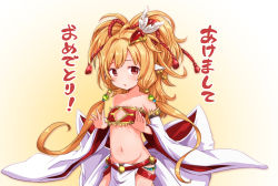 Rule 34 | 10s, 1girl, akeome, animal ears, bandeau, bare shoulders, blonde hair, blush, breasts, collarbone, commentary, cowboy shot, crop top, detached sleeves, gradient background, granblue fantasy, hair ornament, hands up, happy new year, harvin, hip focus, loincloth, long hair, looking at viewer, mahira (granblue fantasy), navel, new year, parted lips, petite, red eyes, small breasts, solo, stomach, white background, wide sleeves, yellow background, zaxwu