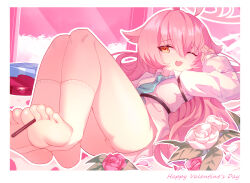 Rule 34 | 1girl, absurdres, ahoge, ass, blue archive, blue necktie, box, breasts, collared shirt, feet, flower, foot focus, hair between eyes, halo, happy valentine, heart-shaped box, highres, hoshino (blue archive), long hair, long sleeves, looking at viewer, necktie, one eye closed, open mouth, panties, peanut huasheng, petals, pink flower, pink hair, pink halo, shirt, small breasts, smile, socks, soles, solo, stirrup legwear, toeless legwear, toes, underwear, valentine, white panties, white shirt, white socks, yellow eyes
