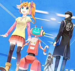 Rule 34 | 1girl, 3boys, ace attorney, aged down, apollo justice, athena cykes, black footwear, black hair, black pants, black thighhighs, blue eyes, book, boots, clay terran, coat, headphones, jewelry, knee boots, looking back, mayuhiko3310, multiple boys, necklace, orange hair, pants, phoenix wright: ace attorney - dual destinies, ponco (ace attorney), red skirt, robot, shirt, shoes, short hair, side ponytail, simon blackquill, skirt, smile, spoilers, thighhighs