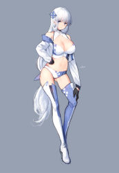 Rule 34 | 1girl, absurdres, azur lane, bare shoulders, black gloves, blue eyes, boots, breasts, buruma, cleavage, crop top, cropped jacket, full body, gloves, gluteal fold, grey background, hair ornament, hand on own hip, highres, illustrious (azur lane), jacket, large breasts, long hair, long sleeves, looking at viewer, midriff, mole, mole under eye, navel, off shoulder, open clothes, open jacket, race queen, shirt, sidelocks, simple background, sleeveless, sleeveless shirt, solo, stomach, swd3e2, thigh boots, thighhighs, thighs, very long hair, white hair, white jacket, white shirt