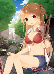 Rule 34 | 1girl, bikini, bikini top only, blonde hair, braid, breasts, chestnut mouth, cleavage, cloud, collarbone, company name, cowboy shot, dappled sunlight, day, fish, hair ornament, holding, jewelry, large breasts, long hair, looking at viewer, md5 mismatch, muku (muku-coffee), navel, necklace, open clothes, open mouth, open shirt, outdoors, red bikini, red eyes, river, rock, shiny clothes, shiny skin, shirt, short shorts, short sleeves, shorts, sitting, sitting on rock, sky, solo, sunlight, swimsuit, tree, tree shade, tsurime, valhalla valkyries, very long hair, water, waterfall