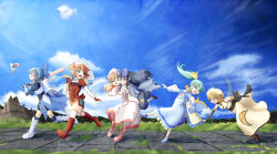 Rule 34 | 6+girls, alternate costume, armor, ascot, axe, bike shorts, black hair, blonde hair, blue hair, boots, bow, breastplate, breasts, brown hair, cape, cape tug, capri pants, cirno, city, cleavage cutout, closed eyes, clothing cutout, cloud, commentary, daiyousei, day, detached sleeves, dress, drill hair, fairy, fangs, fantasy, fingerless gloves, flat chest, gauntlets, gloves, green eyes, green hair, grin, hair bow, happy, hat, headdress, heart, highres, ice, ice wings, jumping, knight, lily white, long hair, looking back, luna child, midriff, mini person, minigirl, multiple girls, one eye closed, open mouth, over shoulder, pants, path, pink hair, pointy ears, pouch, profile, road, running, sash, short hair, shorts, side ponytail, sky, sleeveless, sleeveless dress, smile, standing, standing on one leg, star (symbol), star sapphire, sunny milk, sword, texture, touhou, tripping, two side up, underboob, wall, wan tama, weapon, weapon over shoulder, white dress, wings, wizardry