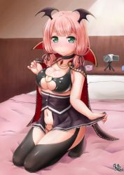 Rule 34 | 1girl, ayama yuiya, bang dream!, black choker, black ribbon, black thighhighs, blush, breasts, camcorder, cape, cape hold, choker, cleavage, commentary request, condom box, covered erect nipples, green eyes, halloween costume, head wings, heart, heart o-ring, heart ring bottom, heart ring top, indoors, large breasts, looking at viewer, low twintails, navel, no shoes, o-ring, o-ring bottom, o-ring top, on bed, pink hair, ribbon, sitting, smile, solo, thighhighs, twintails, uehara himari, vampire costume, video camera, wings
