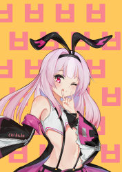 Rule 34 | 1girl, absurdres, animal ears, artist name, azur lane, bare shoulders, black neckerchief, chikage (artist), chinese commentary, closed mouth, collared shirt, commentary request, crop top, detached sleeves, fake animal ears, flat chest, hairband, highres, hobby (azur lane), licking lips, long sleeves, navel, neckerchief, one eye closed, pink eyes, pink hair, rabbit ears, shirt, sidelocks, signature, smile, solo, standing, stomach, suspenders, tongue, tongue out, upper body, vest, white shirt, wide sleeves, zipper, zipper pull tab