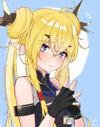 Rule 34 | 1girl, ahoge, arknights, armband, bare shoulders, black gloves, blonde hair, blue background, blue eyes, blush, chinese commentary, commentary request, double bun, gloves, hair between eyes, hair bun, hands up, highres, horns, leizi (arknights), long hair, looking at viewer, own hands together, pointy ears, sleeveless, solo, steepled fingers, twintails, upper body, xiaoyu chiaki