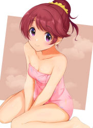 Rule 34 | 1girl, bare arms, bare legs, bare shoulders, barefoot, between legs, breasts, cleavage, closed mouth, collarbone, hair ornament, hair scrunchie, hand between legs, idolmaster, idolmaster cinderella girls, long hair, looking at viewer, naked towel, oscar 08, purple eyes, red hair, scrunchie, shiina noriko, shiny skin, sitting, small breasts, smile, solo, towel, wariza, yellow scrunchie