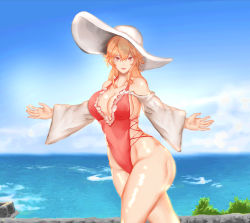 Rule 34 | 1girl, absurdres, azur lane, blonde hair, blue sky, blush, breasts, cerata firefly, cleavage, collarbone, hat, highres, long hair, looking at viewer, medium breasts, ocean, one-piece swimsuit, open mouth, red eyes, red one-piece swimsuit, richelieu (azur lane), richelieu (fleuron of the waves) (azur lane), sky, solo, sun hat, swimsuit, thighs, white hat