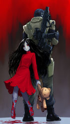 Rule 34 | 1boy, 1girl, alma (f.e.a.r.), assault rifle, back-to-back, balaclava, barefoot, black hair, blood, blood splatter, breasts, colored skin, dress, f.e.a.r., floating, grey skin, gun, height difference, highres, holding, holding stuffed toy, long dress, long hair, messy hair, military operator, mother and son, parted hair, point man (f.e.a.r.), red dress, red eyes, rifle, small breasts, stuffed animal, stuffed toy, substance20, teddy bear, torn clothes, torn dress, turtleneck, turtleneck dress, weapon, weapon on back