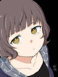 Rule 34 | 1girl, alternate costume, artist name, black background, blunt bangs, brown hair, closed mouth, collarbone, kantai collection, kishinami (kancolle), looking at viewer, moti coi, no pupils, portrait, short hair, simple background, solo, wavy hair, yellow eyes