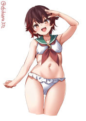 Rule 34 | 1girl, adapted costume, bare arms, bare legs, bare shoulders, bikini, blush, brown eyes, brown hair, collarbone, cowboy shot, crescent moon, cropped legs, ebifurya, green sailor collar, hair between eyes, highres, kantai collection, looking at viewer, moon, mutsuki (kancolle), navel, neckerchief, open mouth, red neckerchief, sailor collar, short hair, simple background, smile, solo, swimsuit, twitter username, white background, white bikini
