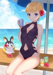 Rule 34 | 1girl, arm support, banned artist, bare arms, bench, black one-piece swimsuit, blonde hair, blue eyes, breasts, can, cleavage, closed mouth, clothing cutout, cloud, collarbone, commentary request, creatures (company), day, drink can, elesa (pokemon), emolga, flower, game freak, gen 5 pokemon, glint, hair flower, hair ornament, hand up, highres, holding, holding can, legs together, lens flare, looking at viewer, medium breasts, navel, navel cutout, nintendo, one-piece swimsuit, outdoors, pokemon, pokemon (creature), pokemon bw, red flower, short hair, sitting, sky, smile, soda can, solo, swimsuit, takahara, umbrella