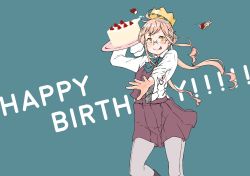 Rule 34 | 1girl, ahoge, blue background, bow, bowtie, cake, commentary request, cowboy shot, crown, double bun, food, glasses, grey pantyhose, hair bun, halterneck, happy birthday, highres, kantai collection, long sleeves, makigumo (kancolle), pantyhose, pink hair, school uniform, seamed legwear, shirt, side-seamed legwear, simple background, sleeves past fingers, sleeves past wrists, solo, strawberry shortcake, tamaki., throwing, twintails, white shirt, yellow eyes