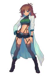 Rule 34 | 1girl, aqua eyes, black gloves, boots, brown hair, coat, framed breasts, full body, gloves, grin, hand on own hip, highres, kaitou dragon summer, long hair, long sleeves, looking at viewer, midriff, navel, official art, open clothes, open coat, shigeru (graphic loops), shorts, simple background, single glove, smile, solo, standing, thighs, toys drive, white background, wristband