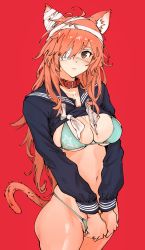 Rule 34 | 1girl, absurdres, animal ear fluff, animal ears, aqua bikini, bad id, bad pixiv id, bandaged ear, bandages, bikini, blush, breasts, brown eyes, cat ears, cat girl, cat tail, cleavage, closed mouth, collar, collarbone, eyepatch, highres, kr ohoshisama, large breasts, long hair, navel, orange hair, original, red background, red collar, shiny skin, simple background, solo, standing, star (symbol), star print, swimsuit, tail, uniform