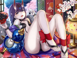 Rule 34 | 1girl, ankle ribbon, barefoot, barefoot sandals (jewelry), blunt bangs, bob cut, fate/grand order, fate (series), feet, horns, leg ribbon, looking at viewer, purple eyes, purple hair, revealing clothes, ribbon, short hair, shuten douji (fate), solo, thick eyebrows, thighs, toes, xyomouse