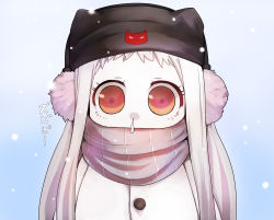 Rule 34 | 10s, 1girl, abyssal ship, adapted costume, alternate costume, coat, colored skin, commentary request, dress, earmuffs, hat, horns, jariinu (gomasionori), kantai collection, long hair, northern ocean princess, nose bubble, pale skin, red eyes, runny nose, scarf, snot, snowing, solo, white hair, white skin, winter clothes, winter coat