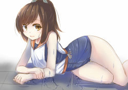 Rule 34 | 10s, 1girl, barefoot, blush, brown eyes, brown hair, i-401 (kancolle), kantai collection, looking at viewer, lying, on side, one-piece swimsuit, personification, ponytail, school swimsuit, short hair, smile, solo, swimsuit, swimsuit under clothes, tenken (gotannda), wet