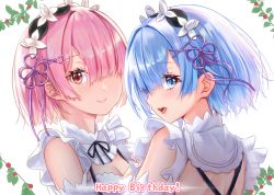 Rule 34 | 2girls, :d, black ribbon, blue eyes, blue hair, breasts, cleavage, closed mouth, detached collar, detached sleeves, english text, female focus, flower, hair flower, hair ornament, hair over one eye, hair ribbon, happy birthday, head wreath, highres, looking at viewer, maid, matching hair/eyes, multiple girls, nanashi (74 nanashi), neck ribbon, open mouth, pink hair, purple ribbon, ram (re:zero), re:zero kara hajimeru isekai seikatsu, red eyes, rem (re:zero), ribbon, roswaal mansion maid uniform, short hair, shoulder blades, siblings, sisters, small breasts, smile, twins, upper body, white background, white flower, x hair ornament