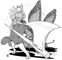 Rule 34 | 1girl, after battle, animal, axe, blood, blunt bangs, breasts, bug, butterfly, closed mouth, covered erect nipples, death, dress, frills, furry, furry female, greyscale, half-closed eyes, hatching (texture), high heels, highres, holding, holding axe, holding weapon, huge breasts, insect, ireading, long hair, monochrome, original, oversized animal, puffy sleeves, signature, simple background, sleeves past wrists, standing, sweat, weapon, white background