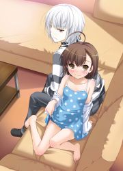 Rule 34 | 10s, 1boy, 1girl, 2011, absurdres, accelerator (toaru majutsu no index), age difference, ahoge, albino, arm support, bare legs, bare shoulders, barefoot, blush, brown eyes, brown hair, child, clothes lift, collarbone, dress, dress lift, face, feet, flat chest, full body, highres, indoors, last order (toaru majutsu no index), looking at viewer, matching hair/eyes, nakajima yuka, polka dot, polka dot dress, red eyes, shirt, sitting, smile, striped clothes, striped shirt, sundress, teenage boy and younger girl, toaru majutsu no index, toes, white hair
