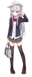 Rule 34 | 1girl, adjusting hair, alternate costume, bag, black footwear, black jacket, black thighhighs, blazer, blue eyes, bow, bowtie, brown skirt, dress shirt, flat cap, full body, hair between eyes, hair ornament, hammer and sickle, hat, hibiki (kancolle), holding, holding bag, huwari (dnwls3010), jacket, kantai collection, loafers, long hair, looking at viewer, miniskirt, open clothes, open jacket, pleated skirt, red bow, school bag, school uniform, shirt, shoes, silver hair, simple background, skirt, smile, solo, standing, star (symbol), star hair ornament, thighhighs, verniy (kancolle), very long hair, white background, white hat, white shirt, zettai ryouiki