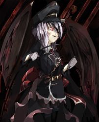 Rule 34 | 1girl, alternate costume, bad id, bad pixiv id, belt, cross, demon wings, eyepatch, female focus, gloves, hat, horse, long sleeves, military, military uniform, open mouth, purple hair, red eyes, remilia scarlet, riding crop, sai (artist), short hair, slit pupils, solo, touhou, uniform, whip, wings