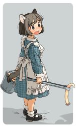 Rule 34 | 1girl, akai sashimi, animal ear fluff, animal ears, apron, arms at sides, black footwear, bob cut, border, bow, bucket, cat ears, cat girl, cat tail, collared dress, dot nose, dress, frilled apron, frills, full body, furrowed brow, grey background, grey eyes, grey hair, highres, holding, long sleeves, looking away, maid, maid apron, mary janes, open mouth, original, outside border, plaid, plaid dress, rounded corners, shadow, shoes, short hair, sleeve cuffs, socks, solo, standing, tail, tareme, tentacles, tongs, white apron, white border