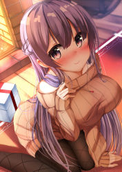 Rule 34 | 1girl, absurdres, azur lane, bare shoulders, black pantyhose, blunt bangs, blush, box, braid, breasts, commentary request, foreshortening, gift, gift box, highres, hiragi ringo, indoors, jewelry, large breasts, leaning forward, long hair, long sleeves, looking at viewer, nose blush, pantyhose, pendant, purple eyes, purple hair, ribbed sweater, rodney (azur lane), sitting, smile, solo, sweater, wariza, wooden floor