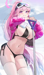 Rule 34 | 1girl, absurdres, bikini, black bikini, blue archive, blush, closed mouth, cowboy shot, eimi (blue archive), eimi (swimsuit) (blue archive), goggles, goggles on head, halo, highres, jacket, long hair, looking at viewer, navel, open clothes, open jacket, pink hair, pink halo, pink jacket, ponytail, purple eyes, shovel, ski goggles, smile, solo, swimsuit, thighhighs, very long hair, white thighhighs, xu wen (bbb2822828)