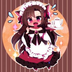 Rule 34 | 1girl, alternate costume, bad id, bad twitter id, blush, brooch, brown hair, chibi, cup, dress, embarrassed, enmaided, fang, flying sweatdrops, frilled dress, frilled sleeves, frills, full body, hair ribbon, holding, holding tray, imaizumi kagerou, jewelry, long hair, long sleeves, looking at viewer, maid, maid headdress, nose blush, off-shoulder dress, off shoulder, open mouth, pink eyes, red ribbon, ribbon, solo, teacup, teapot, touhou, tray, wide sleeves, you (noanoamoemoe)