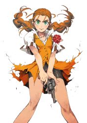 Rule 34 | akutsumi, antenna hair, bad id, bad pixiv id, bike shorts, black shorts, breasts, green eyes, gun, gunxsword, hair bobbles, hair flapping, hair ornament, handgun, holding, holding gun, holding weapon, jewelry, long hair, looking at viewer, necklace, orange skirt, pistol, short sleeves, shorts, simple background, skirt, small breasts, solo, standing, twintails, weapon, wendy garrett, white background