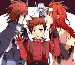 Rule 34 | 00s, 4boys, ?, age difference, angry, blue eyes, blush, brown eyes, brown hair, father and son, fingerless gloves, genius sage, glaring, gloves, holding hands, kratos aurion, lloyd irving, long hair, male focus, multiple boys, red eyes, red hair, short hair, sigh, silver hair, suspenders, tales of (series), tales of symphonia, veins, yaoi, zelos wilder