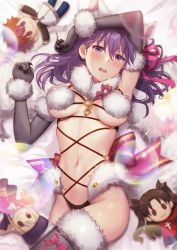 Rule 34 | 1girl, alternate color, animal ears, blush, breasts, character doll, commentary request, cosplay, elbow gloves, emiya shirou, fate/grand order, fate/stay night, fate (series), fur-trimmed gloves, fur-trimmed legwear, fur collar, fur trim, gloves, hair ribbon, halloween costume, highres, illyasviel von einzbern, kurono kito, long hair, lying, mash kyrielight, mash kyrielight (dangerous beast), mash kyrielight (dangerous beast) (cosplay), matou sakura, medium breasts, navel, o-ring, o-ring top, official alternate costume, on back, purple eyes, purple hair, revealing clothes, revision, ribbon, solo, stomach, tail, tohsaka rin, wolf ears, wolf tail