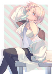 Rule 34 | 1girl, absurdres, arknights, arm up, black pants, blue eyes, blue poison (arknights), blue poison (shoal beat) (arknights), braid, breasts, chinese commentary, commentary request, corrupted metadata, feet out of frame, food, food in mouth, from behind, hairband, highres, jacket, long hair, long sleeves, looking at viewer, medium breasts, mouth hold, off shoulder, official alternate costume, pants, pink hair, popsicle, shi xue kuang mo, sitting, solo, sports bra, twin braids, white jacket