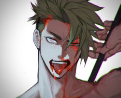 Rule 34 | 1boy, achilles (fate), blood, blood in hair, blood on face, chromatic aberration, fate/apocrypha, fate (series), grey background, haruakira, highres, holding, holding polearm, holding weapon, male focus, muscular, muscular male, nosebleed, open mouth, polearm, portrait, short hair, solo, teeth, tongue, tongue out, topless male, undercut, upper teeth only, weapon, weapon behind back