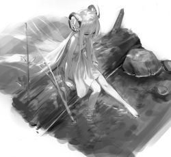 Rule 34 | 1girl, bare shoulders, barefoot, closed mouth, curled horns, dress, eyelashes, greyscale, half-closed eyes, hara shoutarou, highres, horns, log, long eyelashes, long hair, monochrome, original, outdoors, pointy ears, ripples, river, rock, sitting, sitting on log, solo, twig, very long hair, water