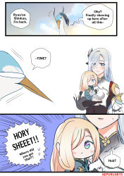 Rule 34 | 3girls, absurdres, aepuru arts, blonde hair, blue eyes, blush, chibi, cloud retainer (genshin impact), english text, genshin impact, grandmother and granddaughter, hair over one eye, highres, if they mated, mother and daughter, multiple girls, shenhe (genshin impact), white hair, xianyun (genshin impact)