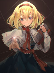 Rule 34 | 1girl, absurdres, alice margatroid, blonde hair, blue dress, blue eyes, book, brown background, capelet, closed eyes, cowboy shot, dress, eyebrows hidden by hair, gradient background, grimoire of alice, hair between eyes, hairband, highres, holding, holding book, index finger raised, kani nyan, long sleeves, looking at viewer, medium hair, red hairband, red neckwear, red sash, sash, simple background, smile, solo, standing, string, touhou, white capelet