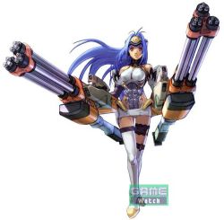 Rule 34 | 00s, 1girl, blue hair, breasts, dual wielding, gatling gun, gun, hands on own hips, holding, huge weapon, kos-mos, large breasts, long hair, namco x capcom, red eyes, solo, thighhighs, watermark, weapon, white thighhighs, xenosaga, xenosaga episode i, you gonna get raped