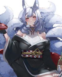 Rule 34 | absurdres, animal ear fluff, animal ears, black gloves, black kimono, black ribbon, breasts, checkered sash, cup, earrings, extra ears, eyeliner, facial mark, forehead mark, fox ears, fox girl, fox tail, gloves, grey hair, halterneck, highres, holding, japanese clothes, jewelry, kimono, korean text, large breasts, looking at viewer, makeup, medium hair, milephunter, mole, mole under eye, multiple tails, neck ribbon, nijisanji, nijisanji en, nina kosaka, nina kosaka (1st costume), obi, off shoulder, pouring, red eyeliner, red eyes, red ribbon, ribbon, sakazuki, sash, short eyebrows, single earring, smile, solo, tail, virtual youtuber, white background
