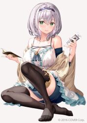 Rule 34 | 1girl, bare shoulders, breasts, cleavage, fujima takuya, green eyes, grey hair, hairband, hololive, large breasts, looking at viewer, official art, shirogane noel, short hair, simple background, solo