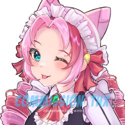 Rule 34 | 1girl, alternate hair color, artist name, blush, cafe cuties gwen, commission, cone hair bun, green eyes, grey background, gwen (league of legends), hair bun, league of legends, long hair, long sleeves, looking at viewer, maid headdress, momikodayo, neck ribbon, official alternate costume, one eye closed, parted bangs, pink hair, portrait, red hair, red ribbon, ribbon, simple background, solo, tongue, tongue out, watermark