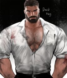 Rule 34 | 1boy, abs, arm hair, bara, beard, black hair, blood, blood on clothes, chest hair, collared shirt, david king (dead by daylight), dead by daylight, dirty, dirty clothes, dirty face, dopey (dopq), facial hair, hairy, highres, leather, leather belt, looking at viewer, male focus, manly, mature male, muscular, muscular male, mustache, pectoral cleavage, pectorals, scar, scar across eye, scar on face, shirt, short hair, solo, thick eyebrows, upper body