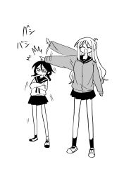 Rule 34 | 2girls, ^ ^, absurdres, afterimage, aged up, ahoge, braid, cardigan, closed eyes, commentary request, crossed arms, full body, furrowed brow, glasses, greyscale, headpat, height difference, highres, long hair, long sleeves, low twin braids, monochrome, multiple girls, nao (70 pocky), null-meta, open mouth, pleated skirt, school uniform, serafuku, shoes, sidelocks, simple background, skirt, slapping, smile, souen chiaki, standing, twin braids, uozumi kurumi, uwabaki