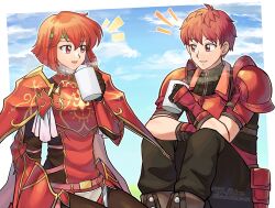 Rule 34 | 1boy, 1girl, absurdres, betabetamaru, cloud, commission, cup, fire emblem, fire emblem: mystery of the emblem, fire emblem: shadow dragon and the blade of light, fire emblem echoes: shadows of valentia, highres, holding, holding cup, looking at another, lukas (fire emblem), minerva (fire emblem), nintendo, outdoors, pixiv commission, red armor, red eyes, red hair, sitting, sky, smile, talking, trait connection