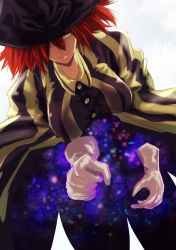 Rule 34 | 1girl, breasts, brown eyes, buttons, gloves, hair between eyes, hair over one eye, hat, houshin engi, invisible, kinkouseiba, looking at viewer, medium breasts, red hair, robe, short hair, simple background, smile, solo, space print, starry sky print, striped, striped robe, uenoryoma, vertical stripes, white gloves, witch hat