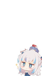 Rule 34 | 1girl, bloop (gawr gura), blue eyes, blue hair, blue hoodie, blush, chibi, closed mouth, drawstring, english text, gawr gura, grey hair, hair ornament, highres, hololive, hololive english, hood, hood down, hoodie, long hair, multicolored hair, muuran, negative space, on head, signature, simple background, sparkle, streaked hair, tears, two side up, upper body, virtual youtuber, wavy mouth, white background
