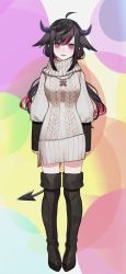 Rule 34 | 1girl, ahoge, alternate costume, asymmetrical clothes, bags under eyes, black hair, blush, boots, demon girl, demon horns, demon tail, full body, hair between eyes, highres, horns, long hair, long sleeves, looking at viewer, multicolored hair, nijisanji, open mouth, pink hair, pointy ears, red eyes, sleeves past wrists, solo, tail, thigh boots, thighhighs, two-tone hair, very long hair, virtual youtuber, yamiyono moruru, ysk (yusuke)