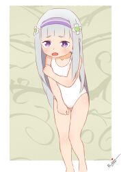 Rule 34 | 1girl, 2021, 20s, aged down, artist name, bare legs, bare shoulders, blush, child, collarbone, competition swimsuit, elf, emilia (re:zero), feet out of frame, female focus, flower, grey hair, hair flower, hair ornament, hairband, highres, mt epic, one-piece swimsuit, open mouth, pointy ears, purple eyes, re:zero kara hajimeru isekai seikatsu, solo, standing, swimsuit