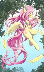Rule 34 | 1girl, animal ears, body fur, closed eyes, feathers, fluttershy, furry, furry female, highres, leaf, long hair, my little pony, my little pony: friendship is magic, pegasus, pink hair, sky, tail, tree, unousaya, wings, yellow eyes